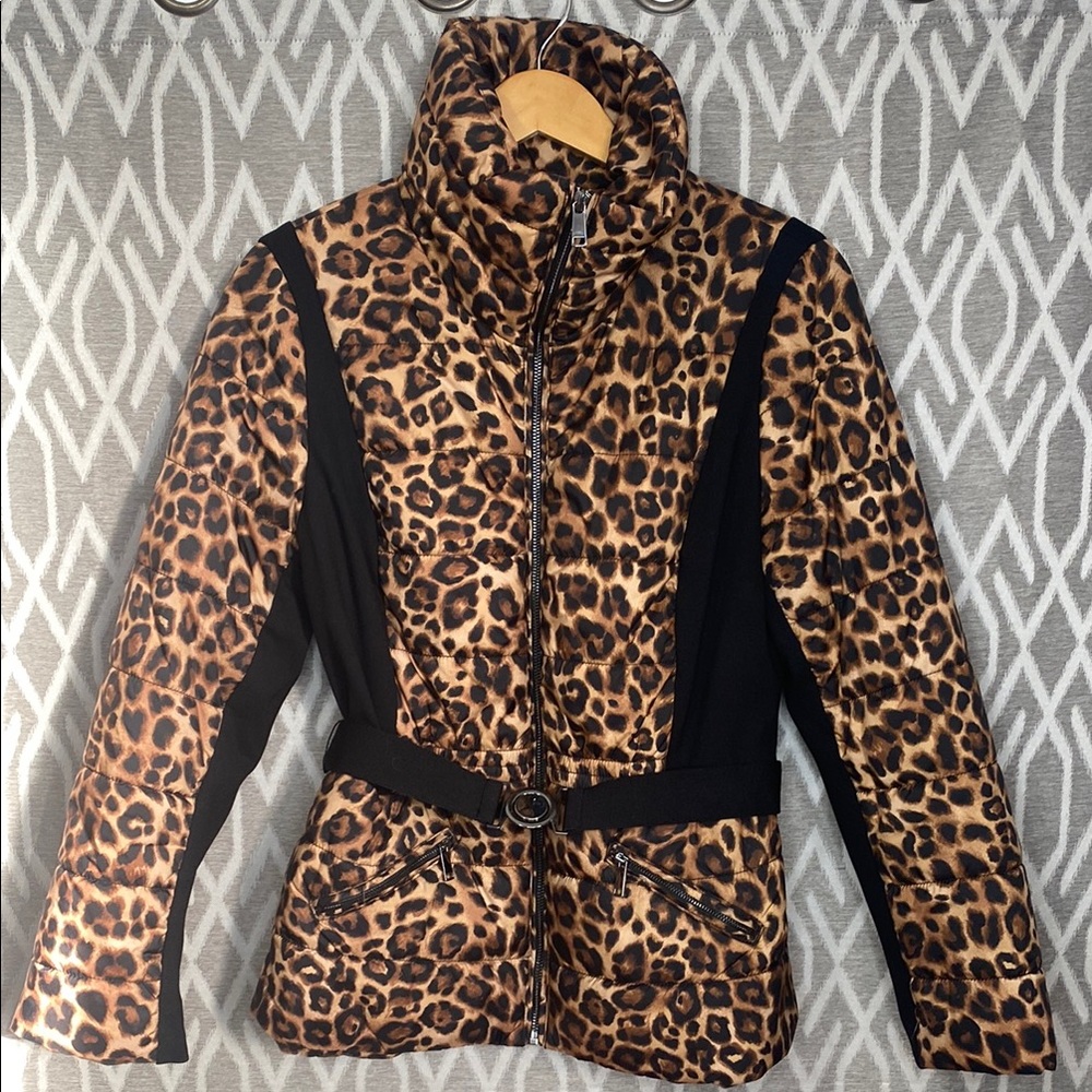WHBM Brown & Black Leopard Print Jacket with High Collar & Belt Size: Medium